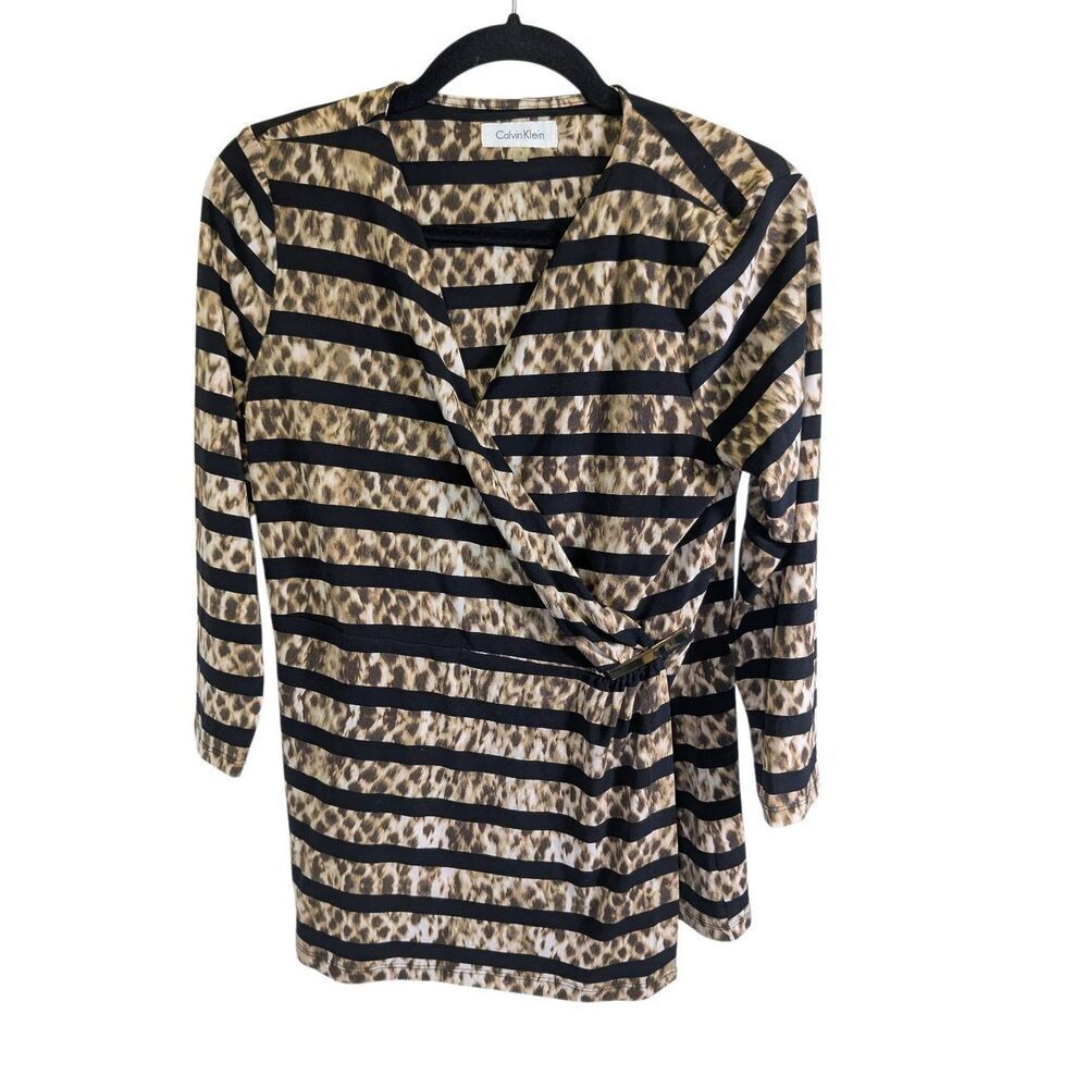 Calvin Klein Wrap Top Beige and Black Leopard Print Combined with Horizontal Str